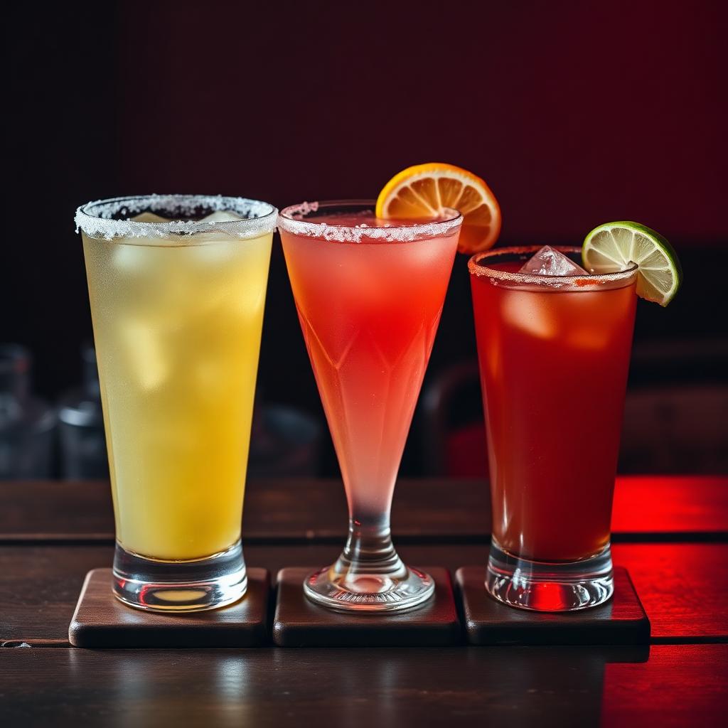 Three Mexican cocktails — margarita, paloma and michelada on a dark bar